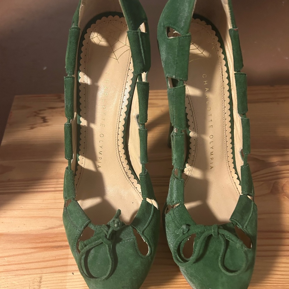 Charlotte Olympia Green Suede Heels